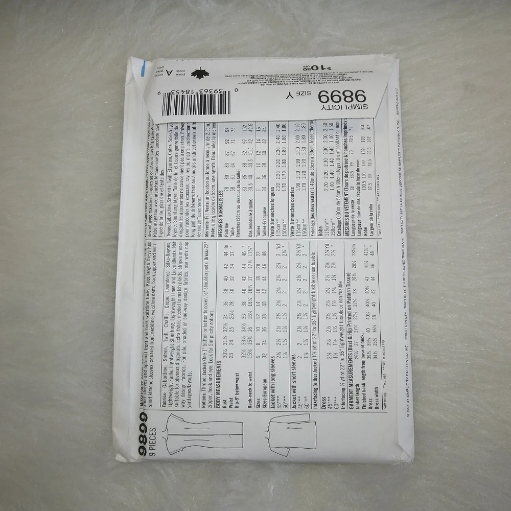 SIMPLICITY 9899 Sz 18-20-22 Easy to Sew Unlined jacket and dress